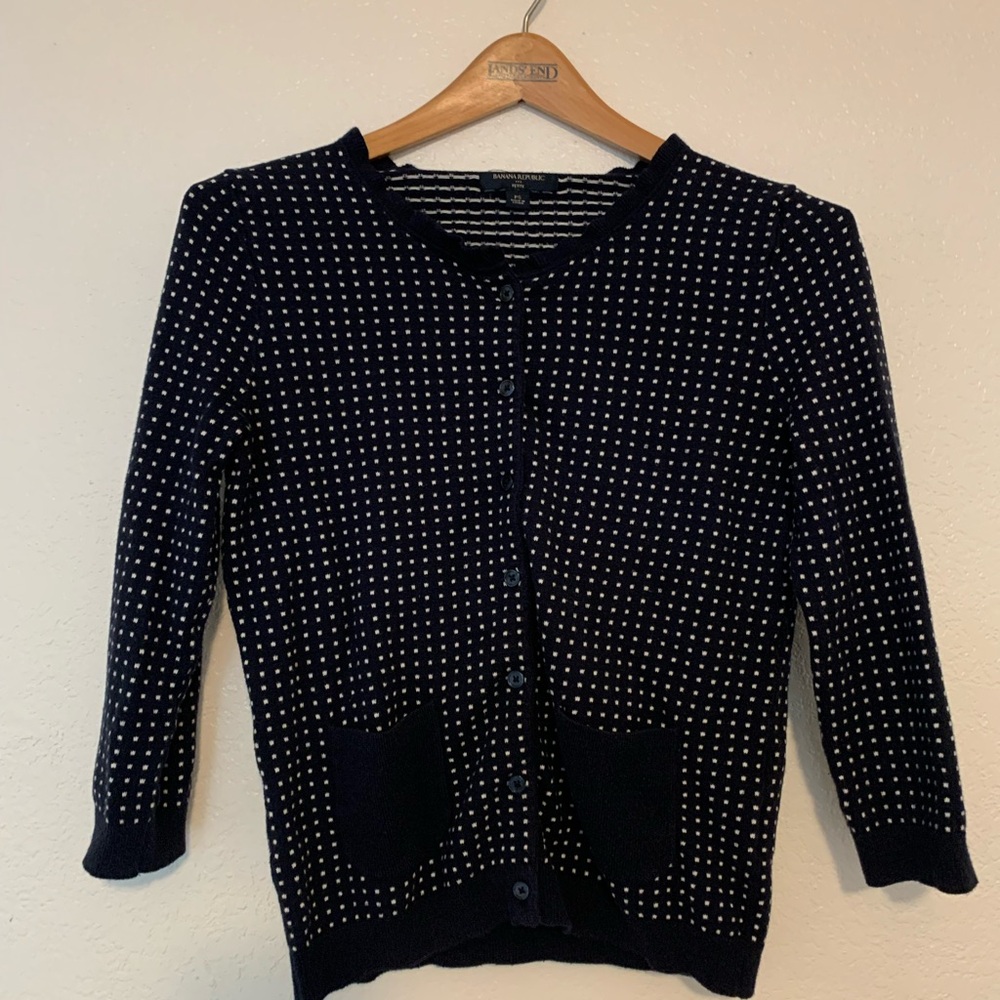 Banana Republic Navy Cardigan White Dots | Cotton Viscose Blend | Petite PS